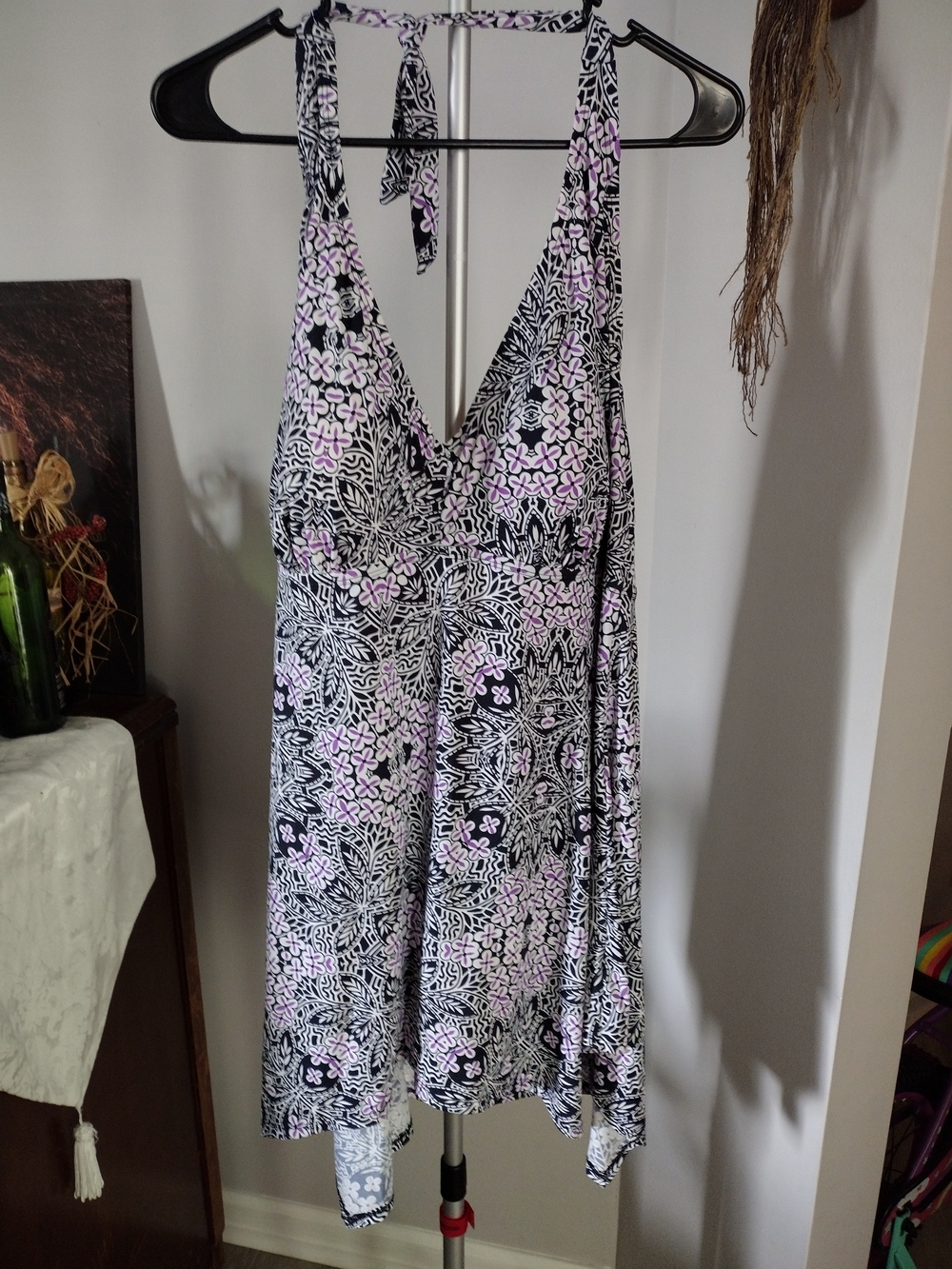 Swimsuits For All Black, White & Purple Floral Halter Swimsuit